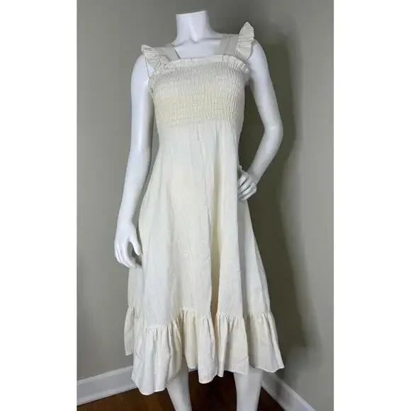 Vintage Cream Linen Ruffle Midi Dress Smocked Bodice Cottagecore - Picture 1 of 4